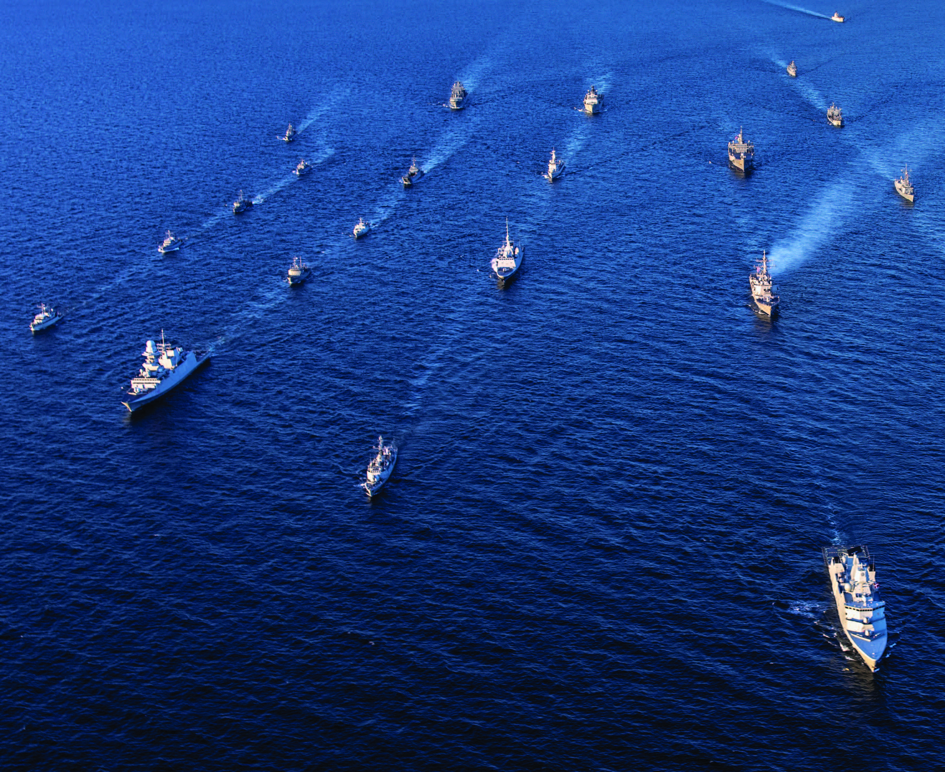 Ships participating in exercise Baltic Operations 2023, led by U.S. Naval Forces Europe–Africa and executed by Naval Striking and Support Forces NATO, steam in formation through Baltic Sea, June 4, 2023 (U.S. Marine Corps/Shawn Coover)